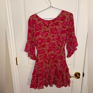 Sundae Muse Backless Pink & Red Floral Mini Dress with Ruffled Bottom